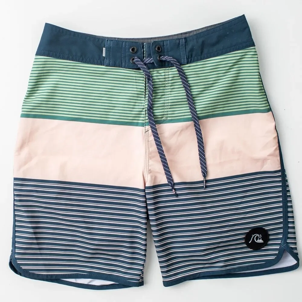 Quiksilver Highline Board Shorts Youth Boys 26/12 Green Blue Striped Surf Swim